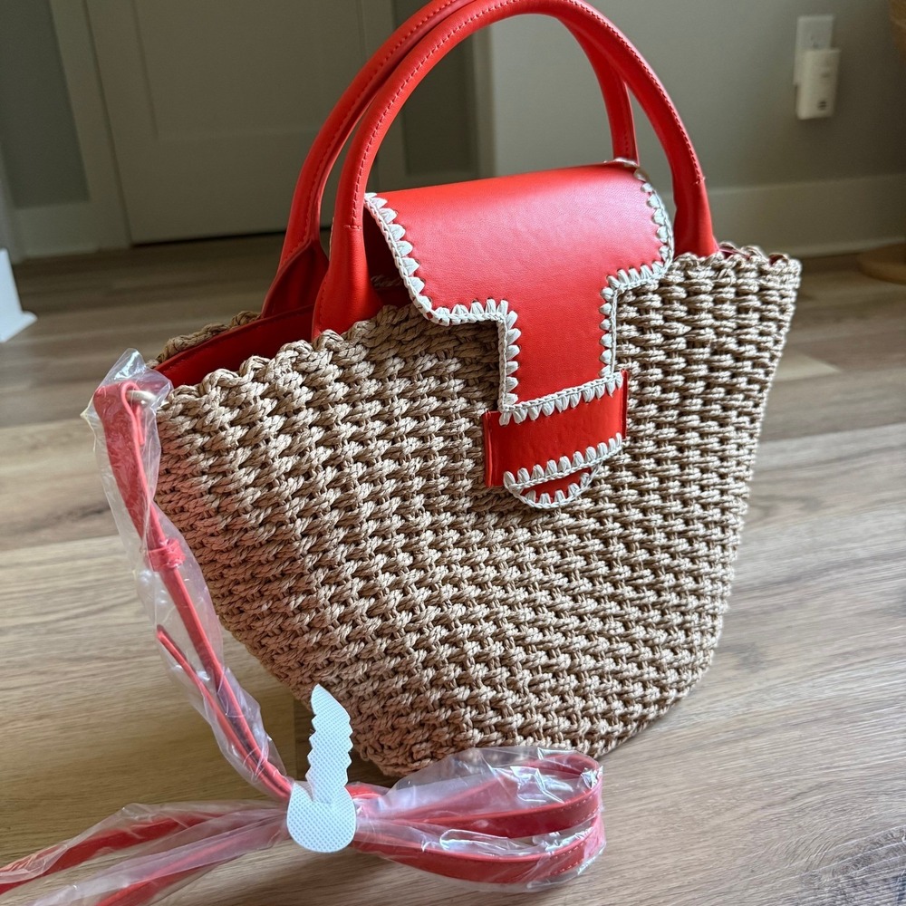 Gianni Bini Red and Natural Woven Crossbody Tote